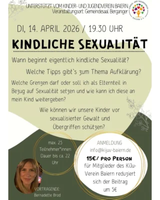 Die liebe Berni macht dieses Jahr gleich ZWEI sehr interessante Vorträge 🧡 Einmal gehts um kindliche Sexualität (0-7 Jährige Kinder) und beim zweiten Vortrag um Sexualität in der Pubertät (8-16 Jährige Kinder)! 

Meldet euch gerne über unsere Mailadresse info@kijuv-baiern.de für die jeweiligen Vorträge an 💚 Schnell sein lohnt sich 💪🏼

Die Bezahlung erfolgt bar vor Ort ✨

Wir freuen uns auf euch 🧡💚