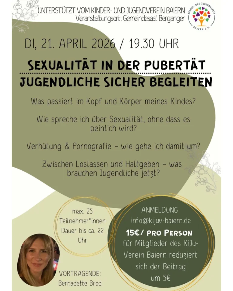 Die liebe Berni macht dieses Jahr gleich ZWEI sehr interessante Vorträge 🧡 Einmal gehts um kindliche Sexualität (0-7 Jährige Kinder) und beim zweiten Vortrag um Sexualität in der Pubertät (8-16 Jährige Kinder)! 

Meldet euch gerne über unsere Mailadresse info@kijuv-baiern.de für die jeweiligen Vorträge an 💚 Schnell sein lohnt sich 💪🏼

Die Bezahlung erfolgt bar vor Ort ✨

Wir freuen uns auf euch 🧡💚