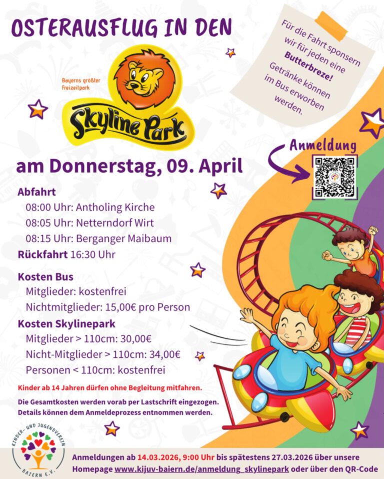 🌸 Osterausflug 🌸

Wir laden euch herzlich zu unserem Busausflug in den @allgaeuskylinepark ein 🎢

Die Anmeldungen starten ab 14.03. um 9:00 Uhr und sind ausschließlich online möglich, entweder ihr folgt den Anweisungen über den QR Code auf dem Flyer, oder ihr geht auf unsere Homepage www.kijuv-baiern.de und folgt den Anweisungen über das Pop-up-Fenster 🐣

Weitere Infos findet ihr auf unserer Homepage www.kijuv-baiern.de ➡️ Den Link hierzu findet ihr in unserer Story bzw. unseren Highlights 🌼 

Wir freuen uns auf euch 🧡💚

Fotonachweis „Logo Skyline Park“: © Allgäu Skyline Park