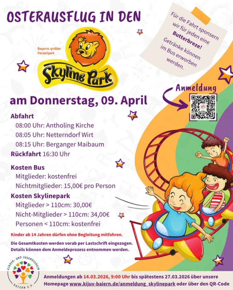 🌸 Osterausflug 🌸

Wir laden euch herzlich zu unserem Busausflug in den @allgaeuskylinepark ein 🎢

Die Anmeldungen starten ab 14.03. um 9:00 Uhr und sind ausschließlich online möglich, entweder ihr folgt den Anweisungen über den QR Code auf dem Flyer, oder ihr geht auf unsere Homepage www.kijuv-baiern.de und folgt den Anweisungen über das Pop-up-Fenster 🐣

Weitere Infos findet ihr auf unserer Homepage www.kijuv-baiern.de ➡️ Den Link hierzu findet ihr in unserer Story bzw. unseren Highlights 🌼 

Wir freuen uns auf euch 🧡💚

Fotonachweis „Logo Skyline Park“: © Allgäu Skyline Park