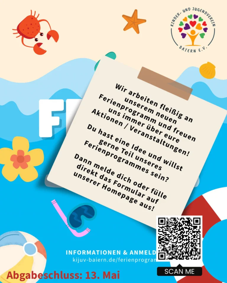 Wir arbeiten fleißig an unserem neuen Ferienprogramm und freuen uns immer über eure Aktionen / Veranstaltungen 🧡 

Du hast eine Idee und willst gerne Teil unseres Ferienprogrammes sein? 

Dann melde dich, oder fülle direkt das Formular auf unserer Homepage aus 💚 Den Link dazu, findet ihr in unserer Story bzw. unseren Highlights ☀️ 

❗️Abgabeschluss ist der 13.05.2026❗️
