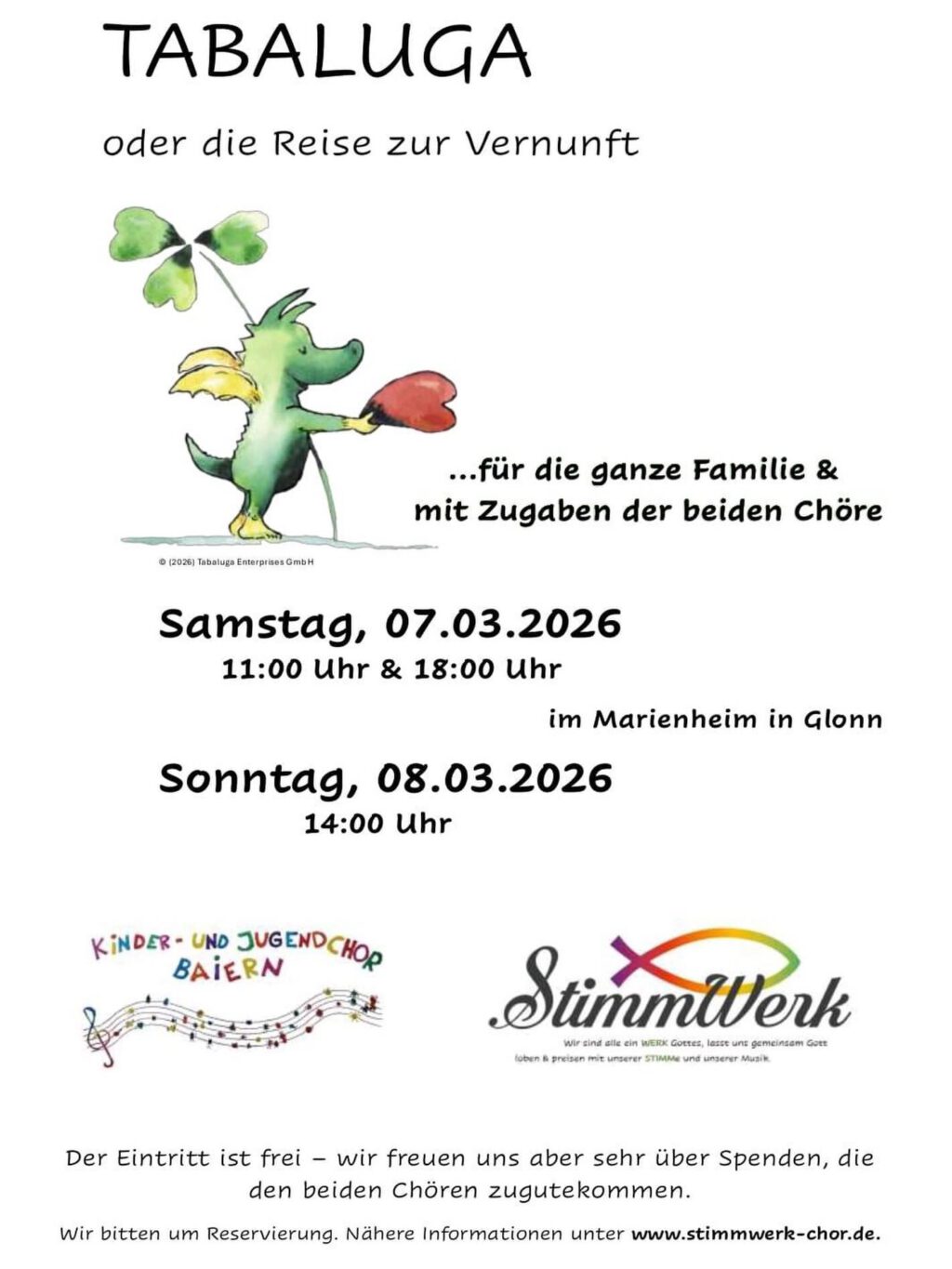 ✨ Der Kinder- und Jugendchor Baiern singt und spielt zusammen mit dem Chor StimmWerk „TABALUGA oder die Reise zur Vernunft“ ✨

Reservierung und nähere Infos unter www.stimmwerk-chor.de